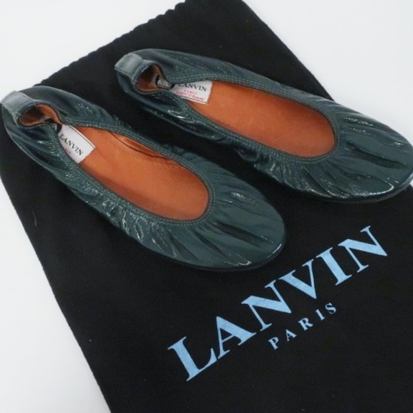 Lanvin Shoes - Lanvin Ballet Flats Dark Green Scrunched Patent
